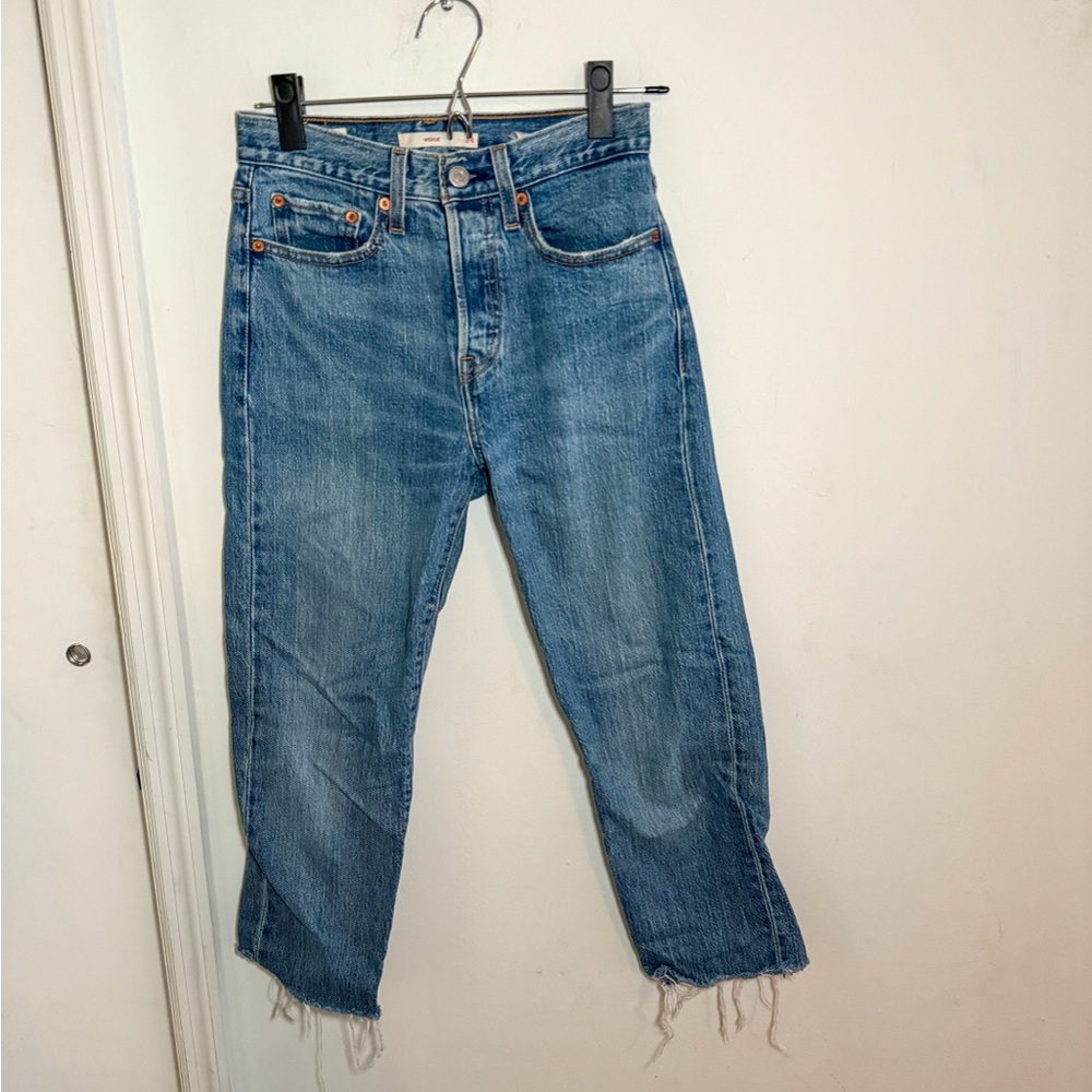 Levi’s Wedgie cropped straight leg jeans, altered length, raw hem, size 24